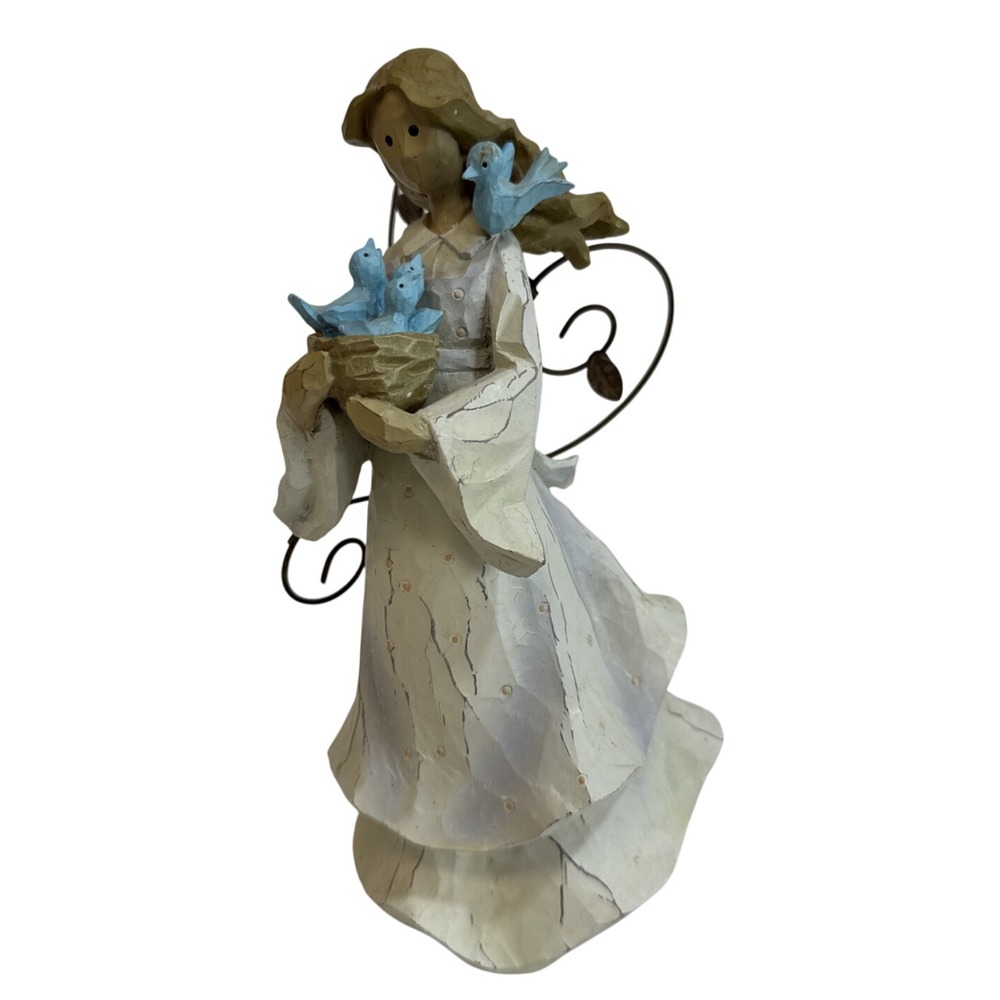 Angel Figurine with Blue Birds Nest and Wire Wings Rustic Folk Art Decor 8.5in